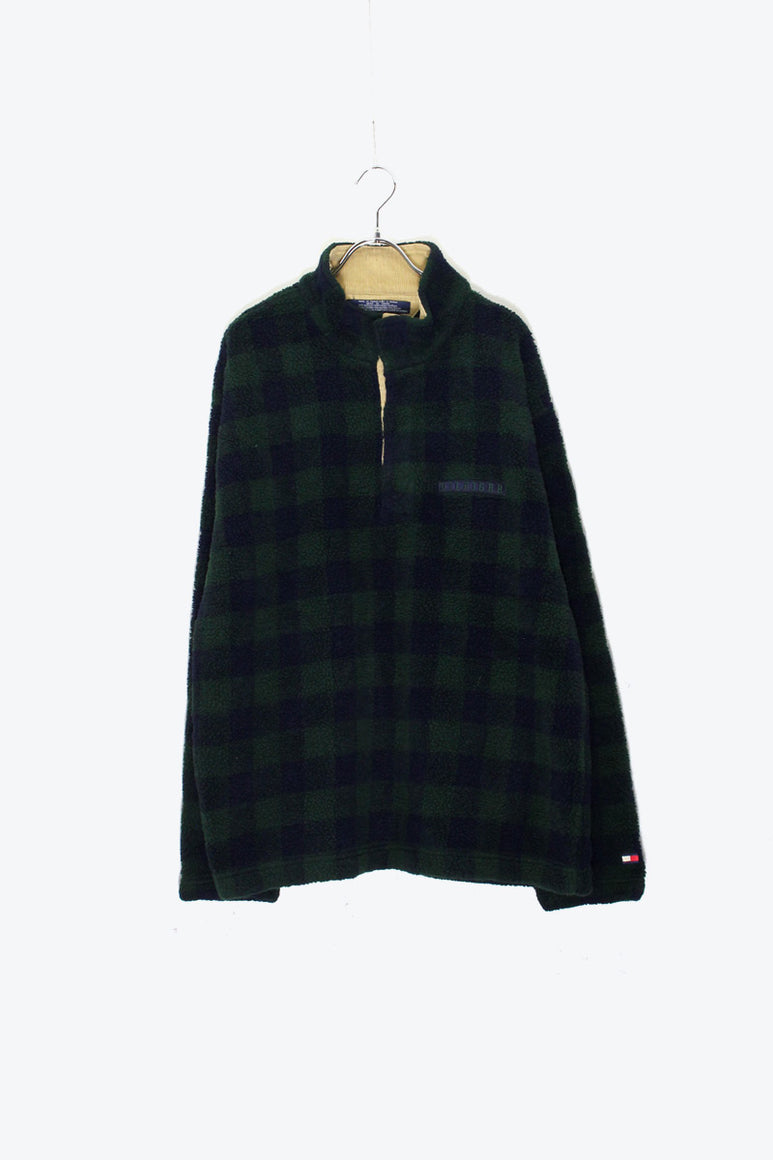 90'S PULLOVER CHECK FLEECE JACKET / GREEN / NAVY［ SIZE: XL USED ]