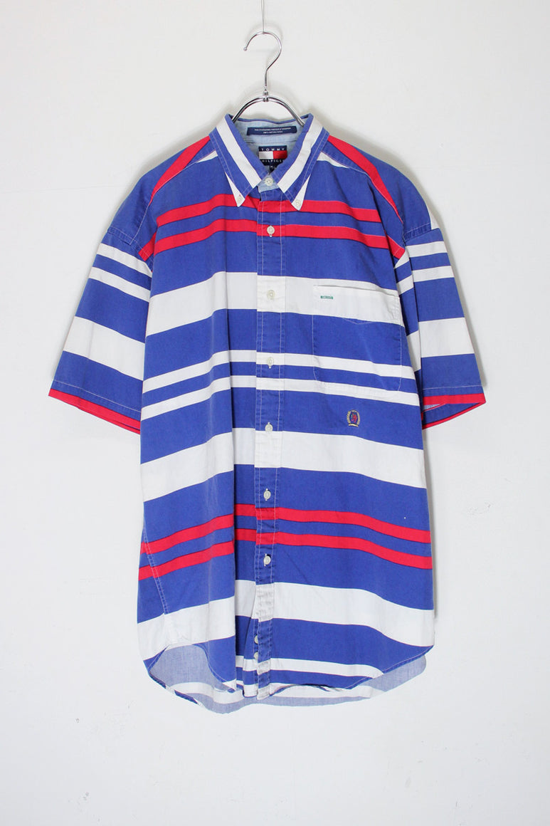 90'S S/S COTTON BORDER SHIRT / BLUE/WHTE/RED [SIZE: M USED]