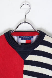 90'S COLOR BLOCK BORDER COTTON KNIT / RED / NAVY［ SIZE: XL USED ]