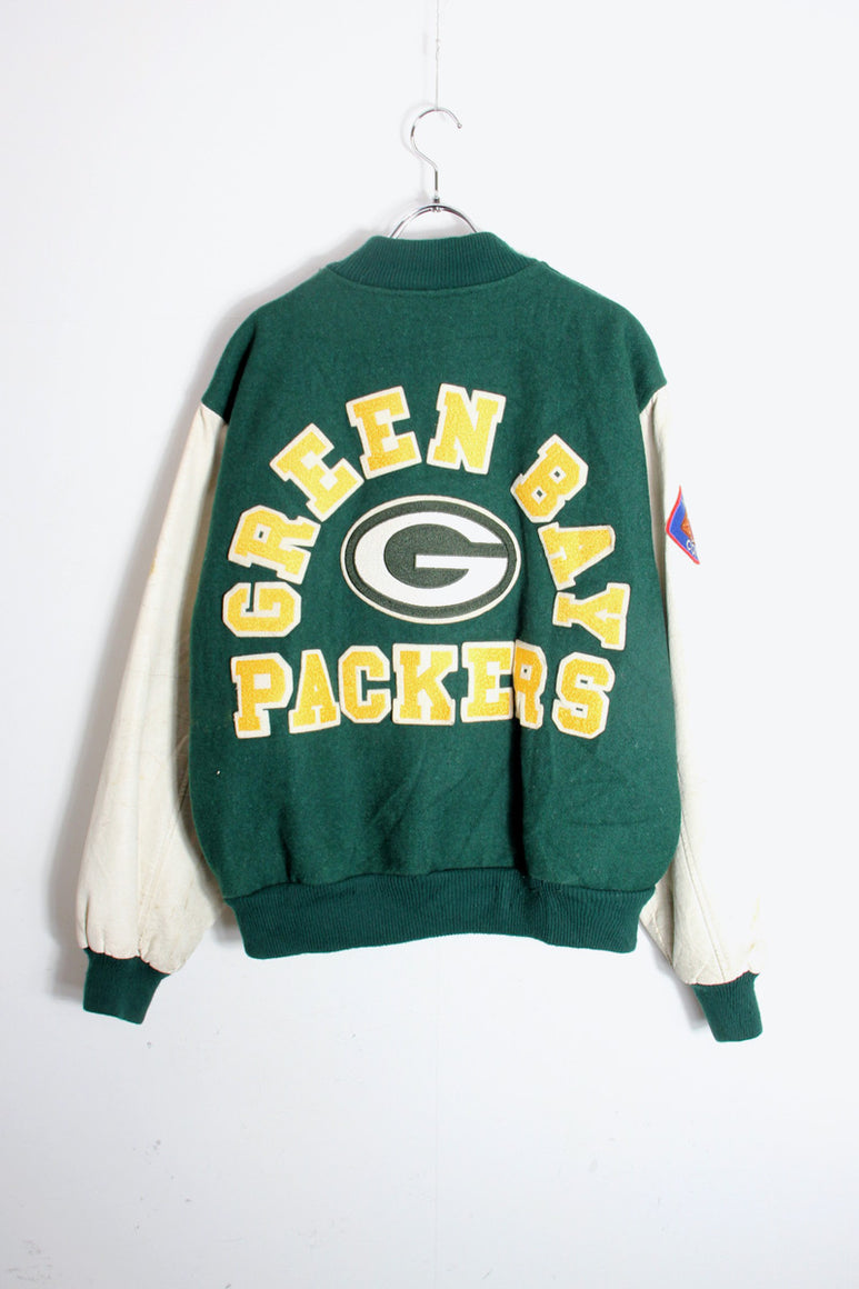 90'S NFL GREEN BAHY PACKERS STADIUM JACKET / GREEN/WHITE [SIZE: M USED]