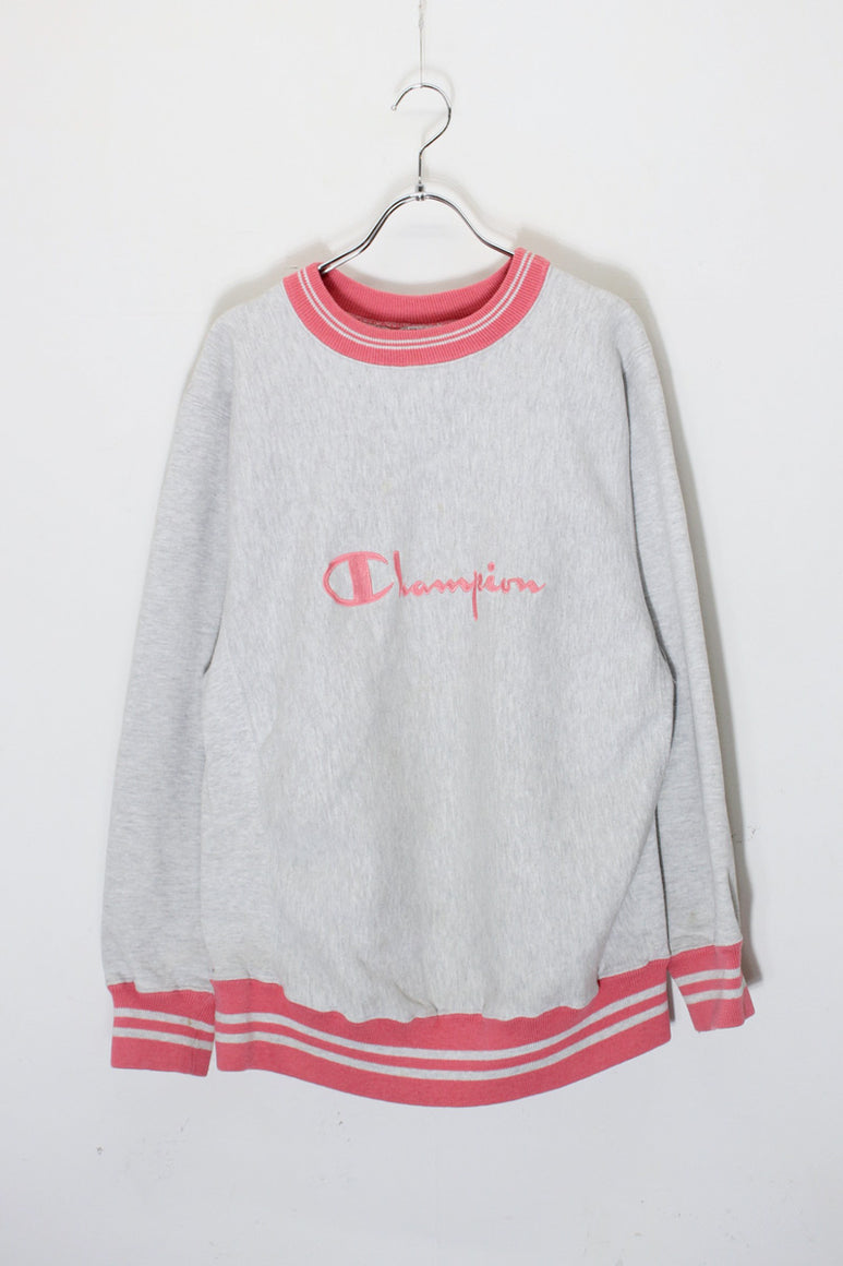 MADE IN USA 90'S RIB LINE LOGO EMBROIDERY REVERSE WEAVE SWEATSHIRT / GREY/PINK [SIZE: L USED]