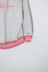 MADE IN USA 90'S RIB LINE LOGO EMBROIDERY REVERSE WEAVE SWEATSHIRT / GREY/PINK [SIZE: L USED]