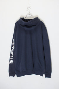 PULLOVER SLEEVE PRINT SWEAT HOODIE / NAVY [SIZE: M USED]