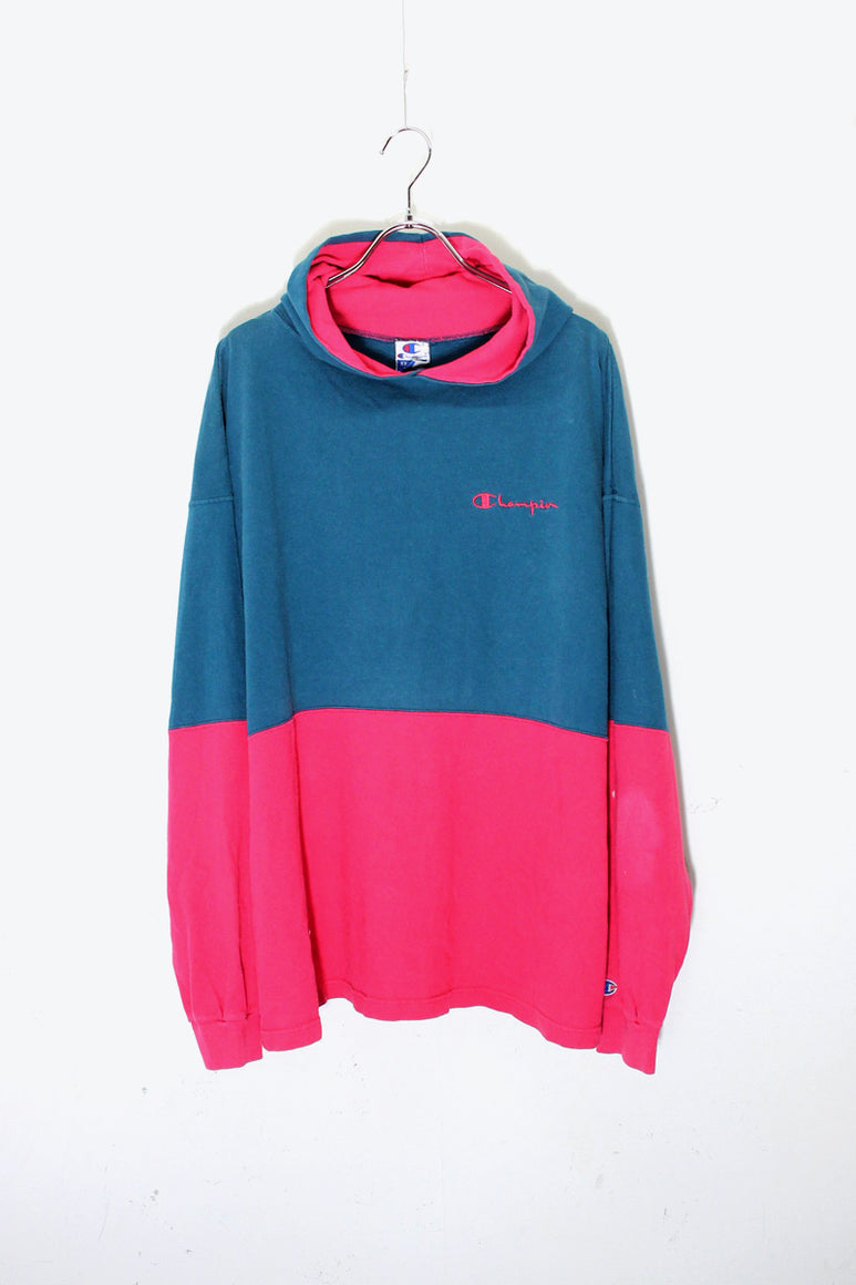 MADE IN USA 90'S AUTHENTIC TWO TONE HOODIE SWEATSHIRT / GREEN / PINK [SIZE: XXL USED]