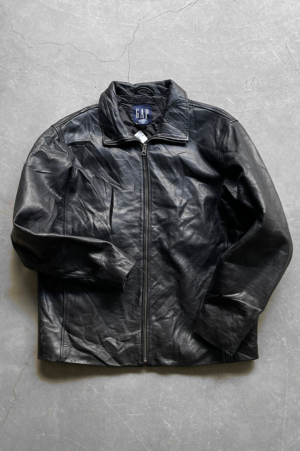 90'S STAND COLLAR LEATHER JACKET W/QUILTING LINER / BLACK [SIZE: M USED]