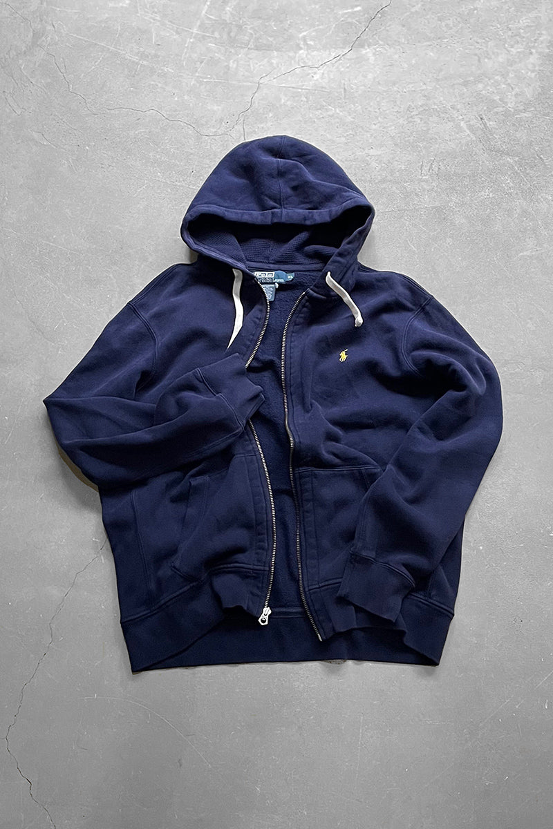 90'S EXCLUSIVE DECORATION ZIP UP SWEAT HOODIE / NAVY [SIZE: XL USED]