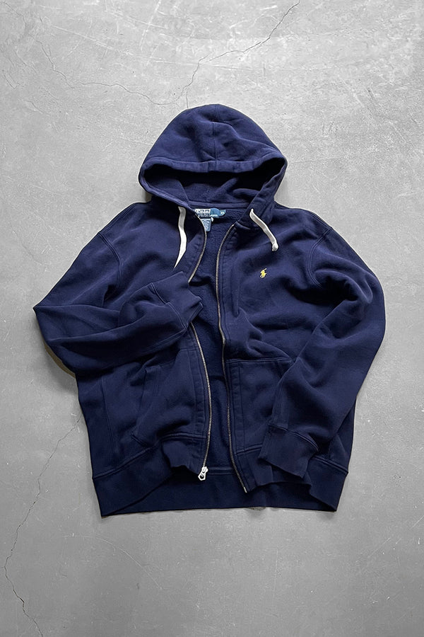 90'S EXCLUSIVE DECORATION ZIP UP SWEAT HOODIE / NAVY [SIZE: XL USED]