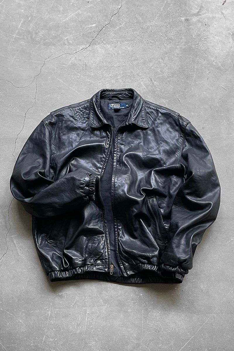 90'S LEATHER ZIP UP JACKET / BLACK [SIZE: M USED]