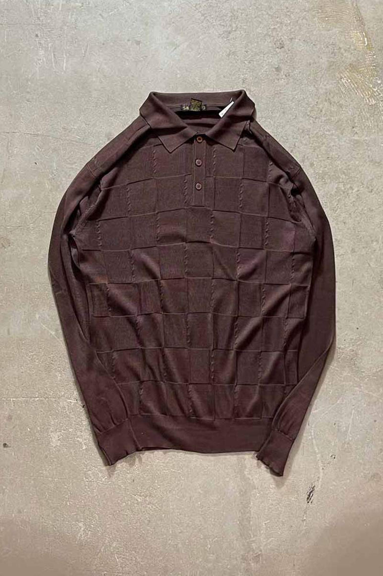 90'S L/S CHECK DESIGN SILK KNIT POLO SHIRT / BROWN [SIZE:L USED]