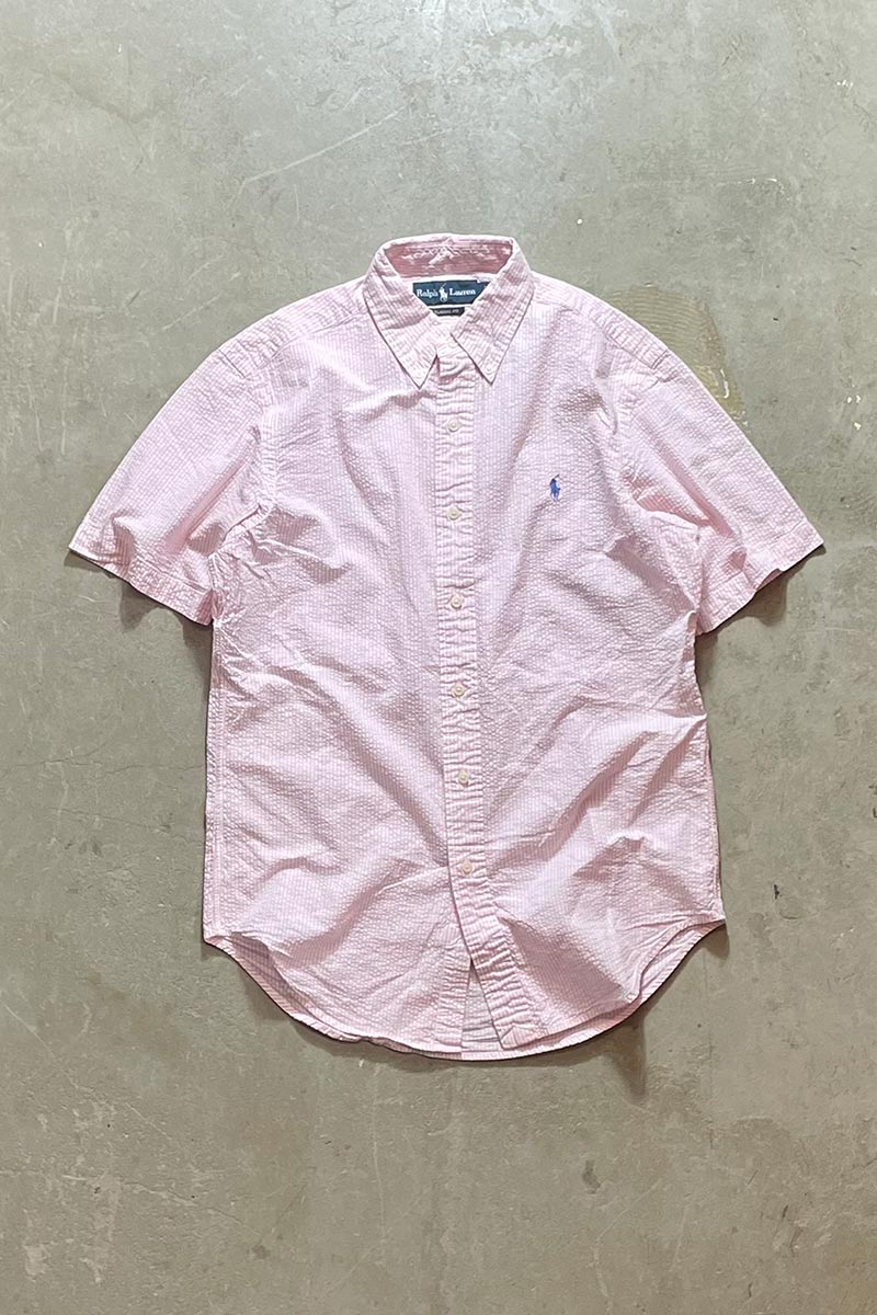 90'S S/S SEERSUCKER STRIPE SHIRT / PINK [SIZE: S USED]