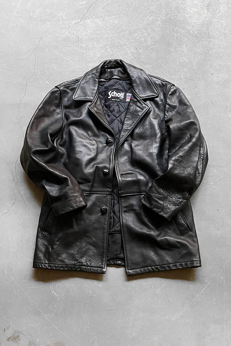 MADE IN USA 90'S LEATHER CAR COAT W/LINER / BLACK	[SIZE: S USED]
