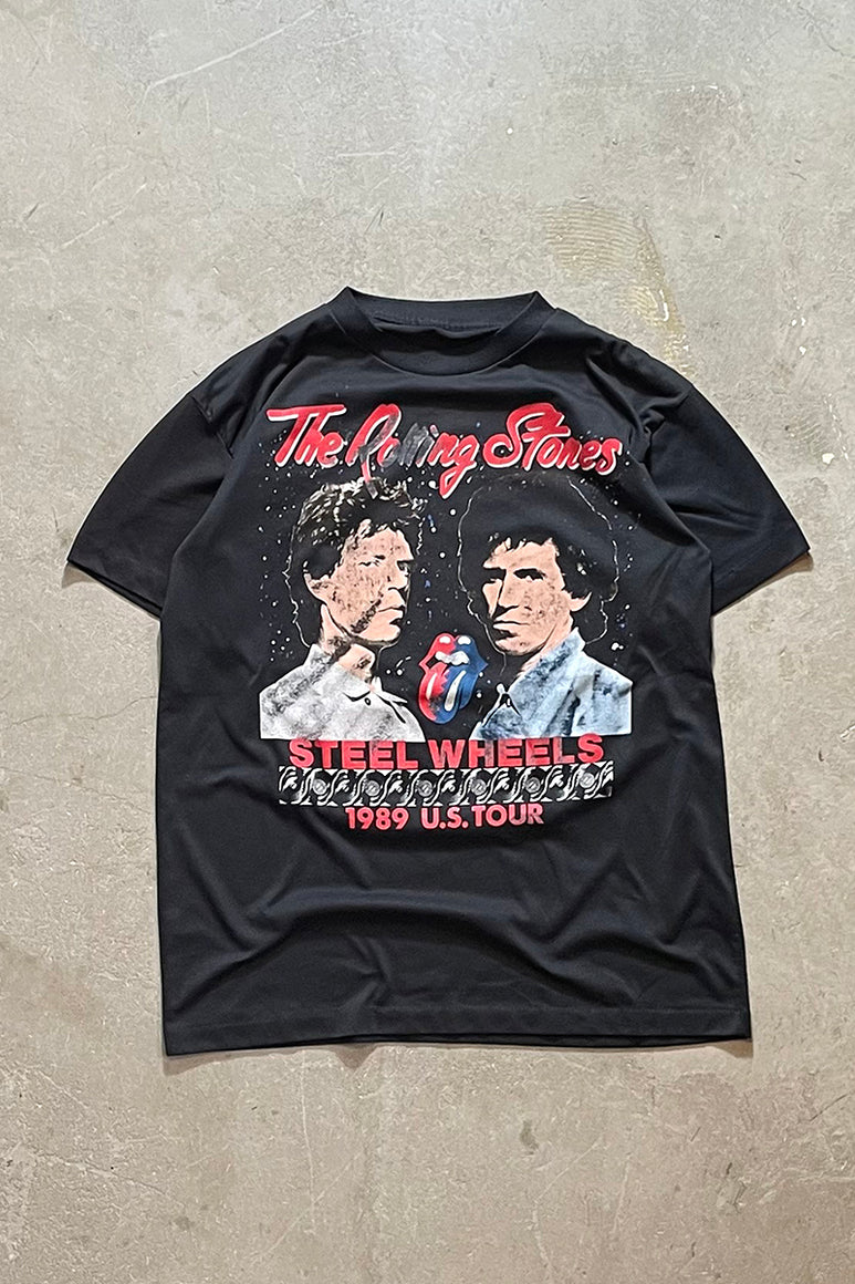 89'S THE ROLLING STONES STEEL WHEELS BAND T-SHIRT / BLACK [SIZE: L USED]