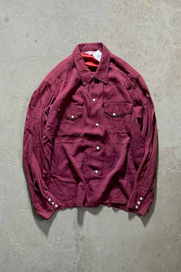 70'S L/S OPEN COLLAR RAYON WESTERN SHIRT / RED [SIZE: M USED]