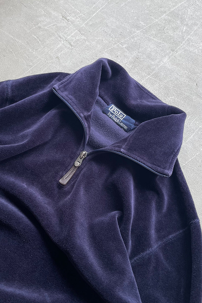 90'S VELOUR HALF ZIP SHIRT / NAVY [SIZE: S USED]