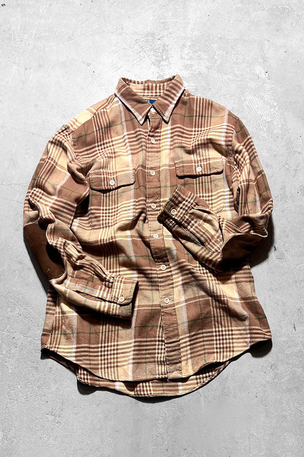 90'S L/S FLANNEL WORK CHECK SHIRT / BEIGE [SIZE: L USED]