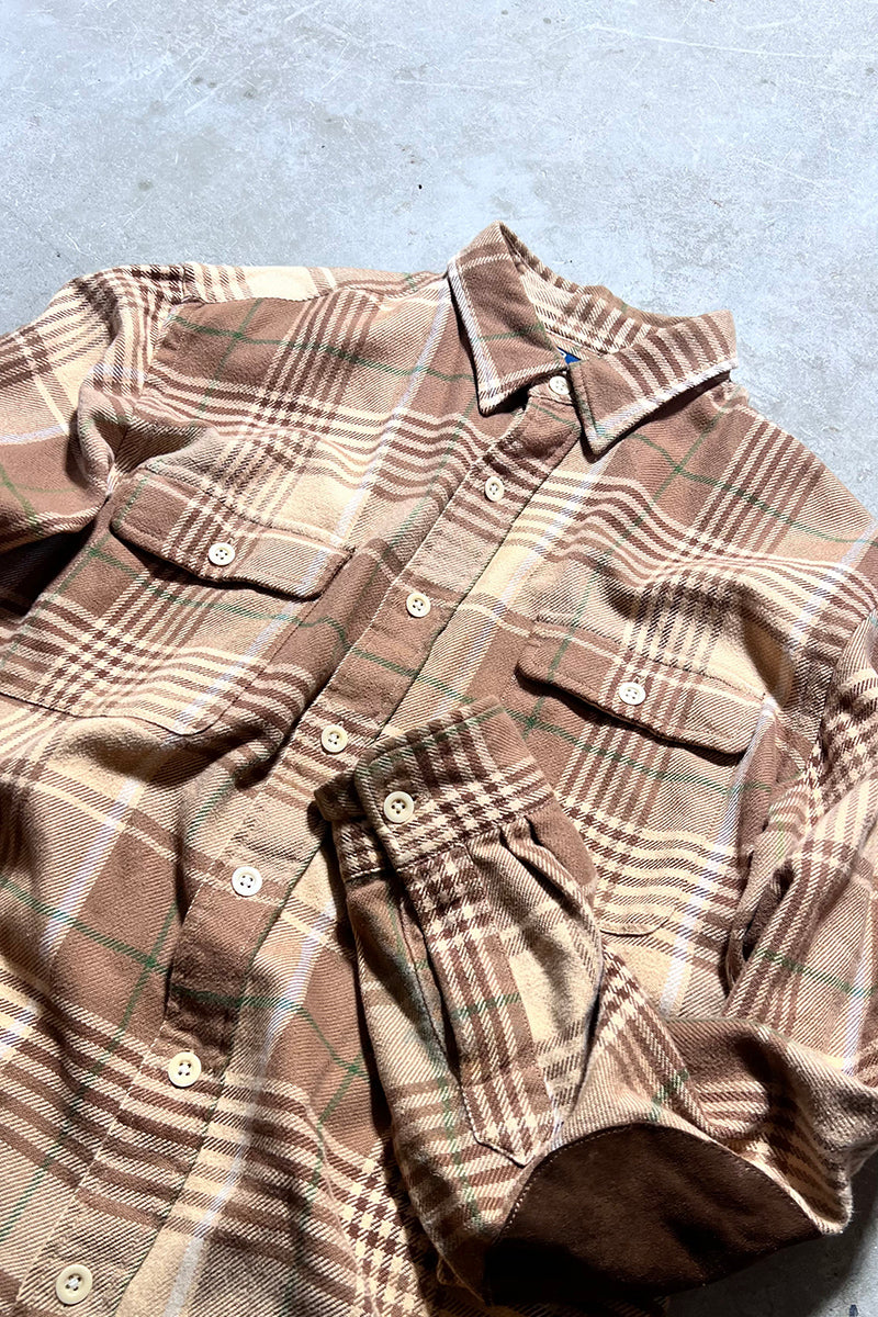 90'S L/S FLANNEL WORK CHECK SHIRT / BEIGE [SIZE: L USED]