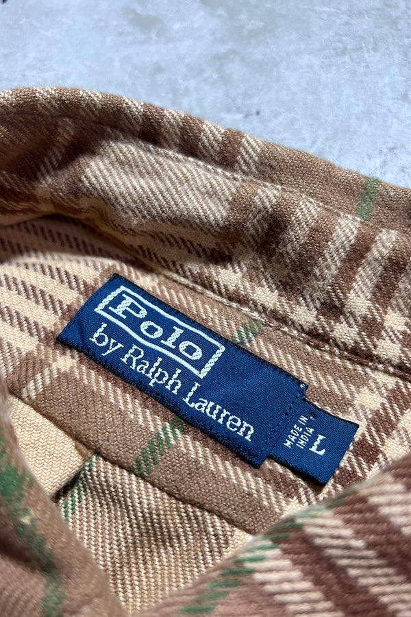 90'S L/S FLANNEL WORK CHECK SHIRT / BEIGE [SIZE: L USED]