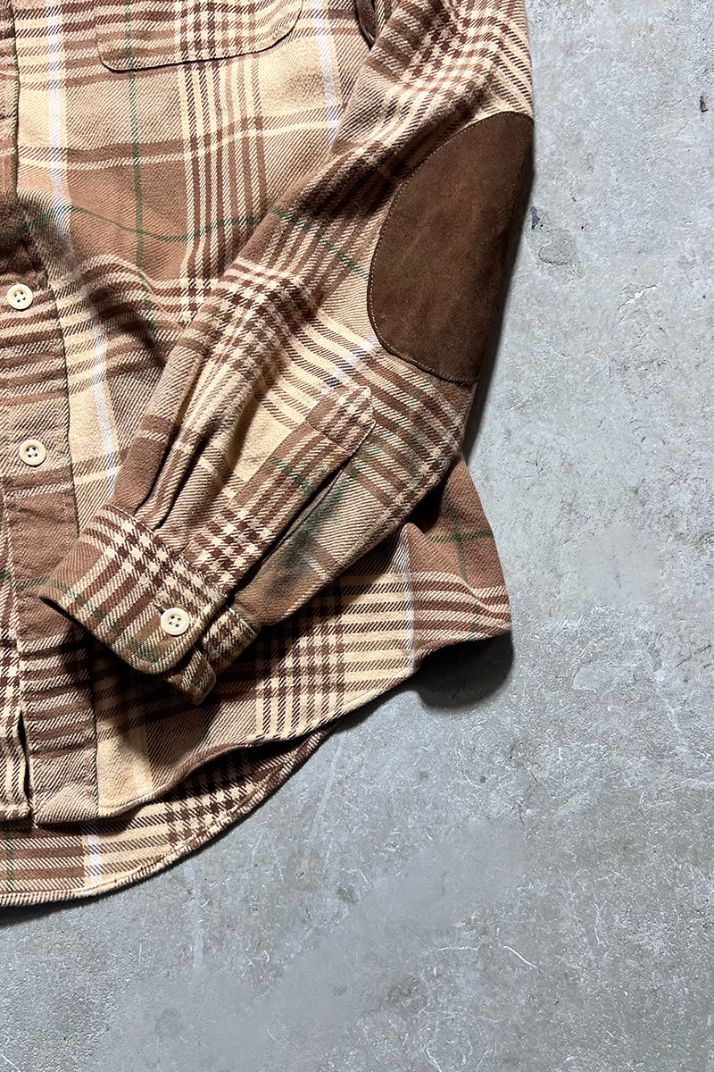 90'S L/S FLANNEL WORK CHECK SHIRT / BEIGE [SIZE: L USED]