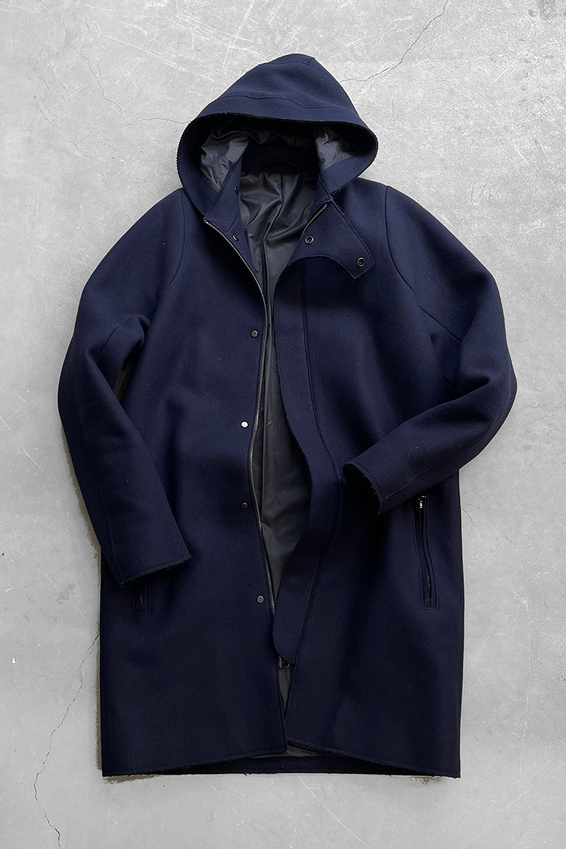 MELTON WOOL HOODIE COAT / NAVY [SIZE: 48 USED]