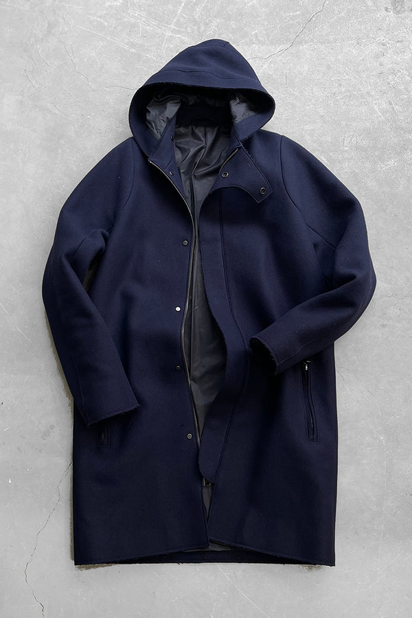 MELTON WOOL HOODIE COAT / NAVY [SIZE: 48 USED]