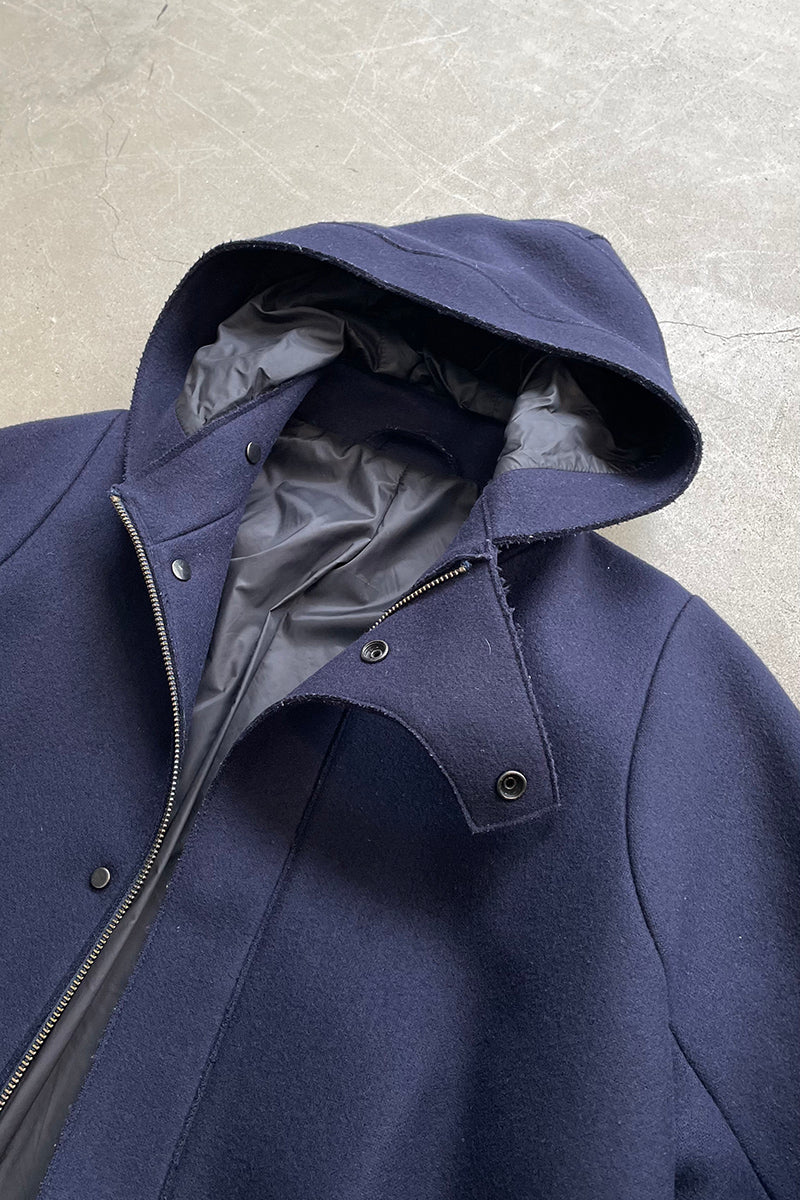 MELTON WOOL HOODIE COAT / NAVY [SIZE: 48 USED]