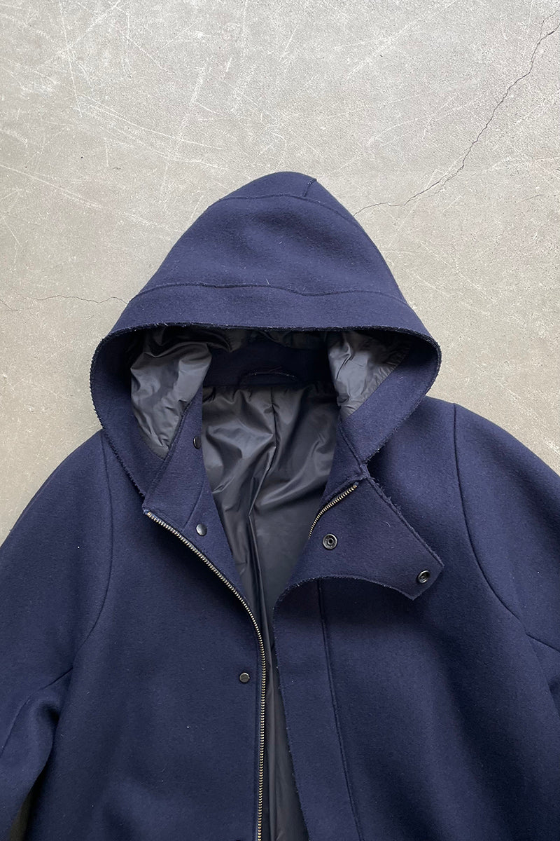 MELTON WOOL HOODIE COAT / NAVY [SIZE: 48 USED]
