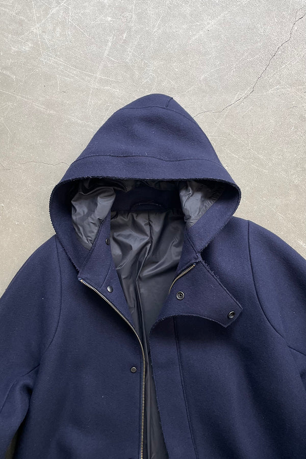 MELTON WOOL HOODIE COAT / NAVY [SIZE: 48 USED]