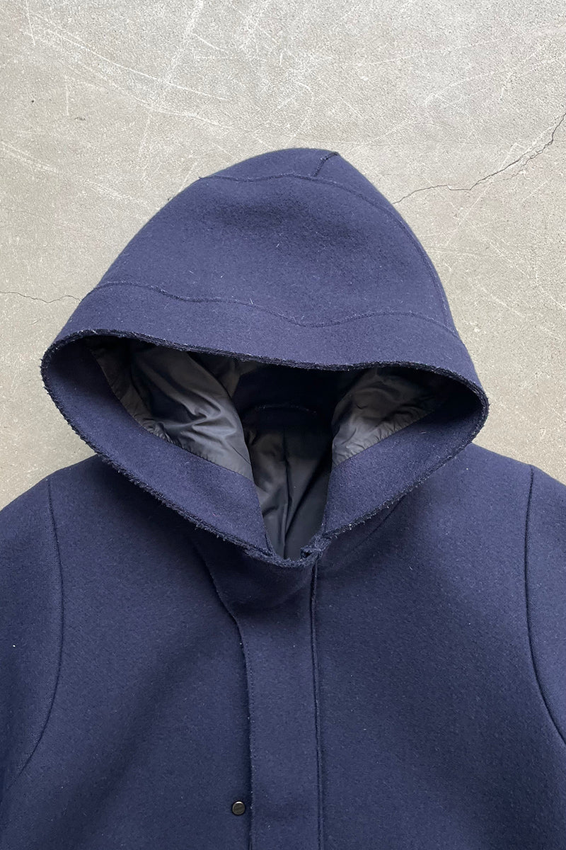 MELTON WOOL HOODIE COAT / NAVY [SIZE: 48 USED]