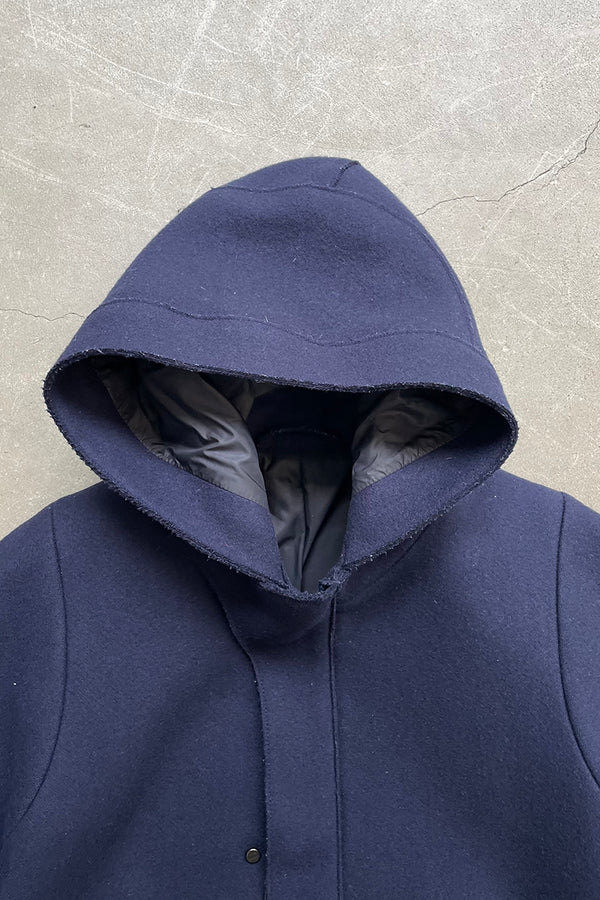 MELTON WOOL HOODIE COAT / NAVY [SIZE: 48 USED]