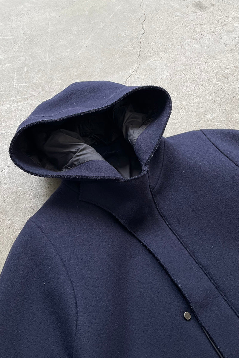 MELTON WOOL HOODIE COAT / NAVY [SIZE: 48 USED]