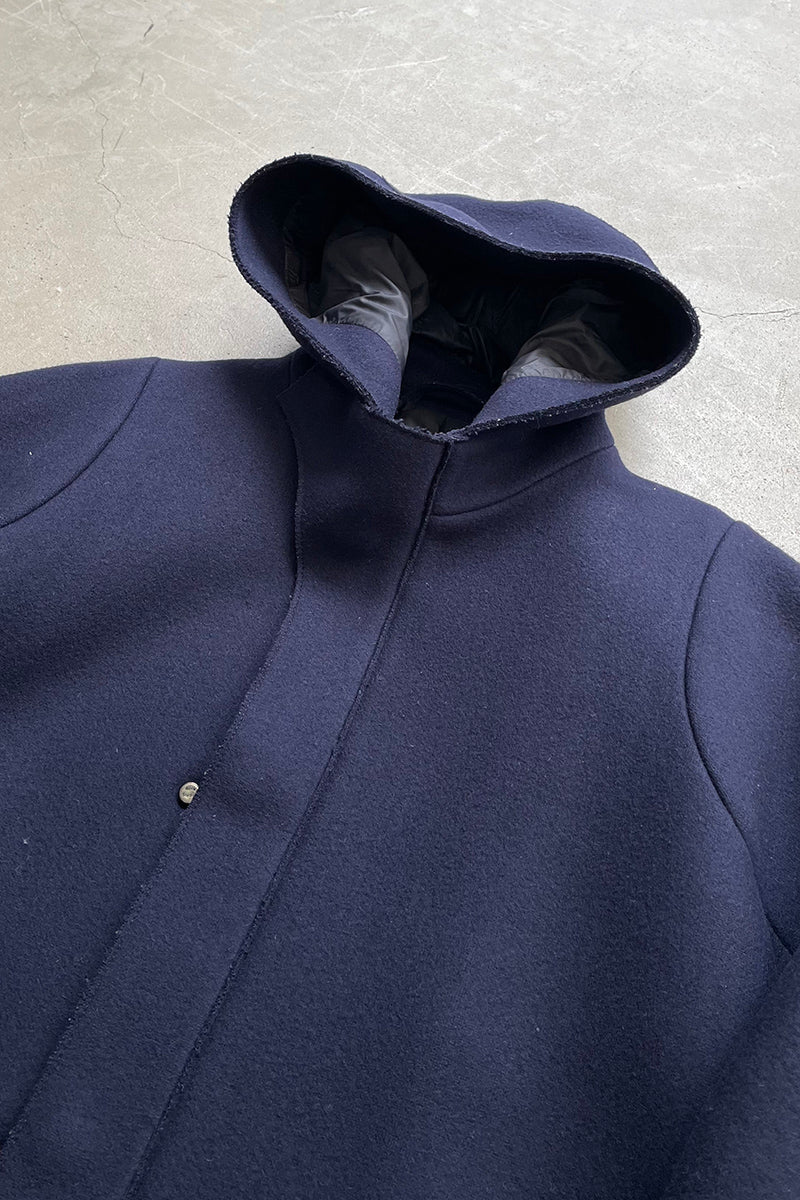 MELTON WOOL HOODIE COAT / NAVY [SIZE: 48 USED]