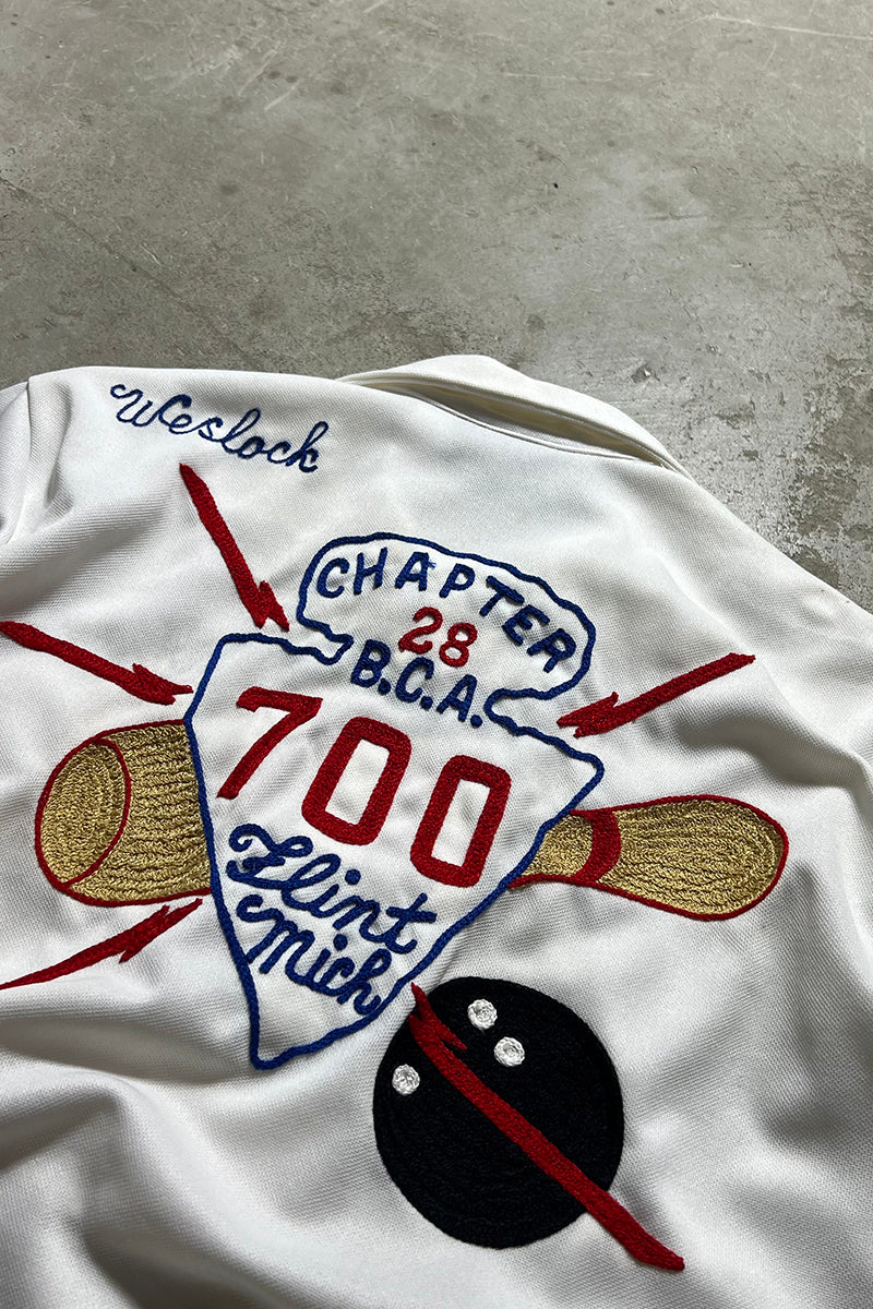 MADE IN USA 80'S S/S CHAINSTITCH EMBROIDERY BOWLING SHIRT / WHITE [SIZE: M USED]