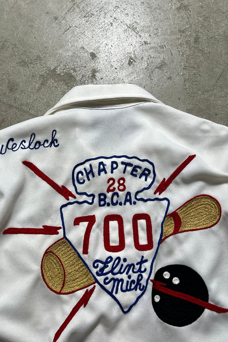 MADE IN USA 80'S S/S CHAINSTITCH EMBROIDERY BOWLING SHIRT / WHITE [SIZE: M USED]