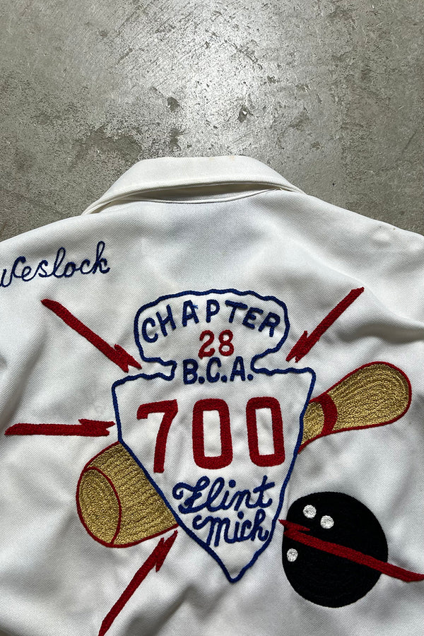 MADE IN USA 80'S S/S CHAINSTITCH EMBROIDERY BOWLING SHIRT / WHITE [SIZE: M USED]