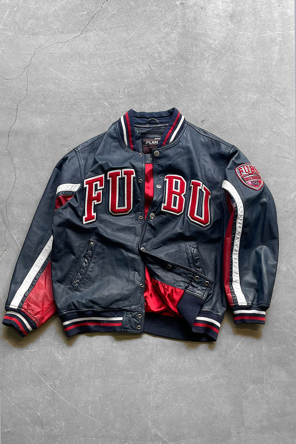Y2K EARLY 00'S LEATHER VARSITY JACKET / NAVY [SIZE: L USED]