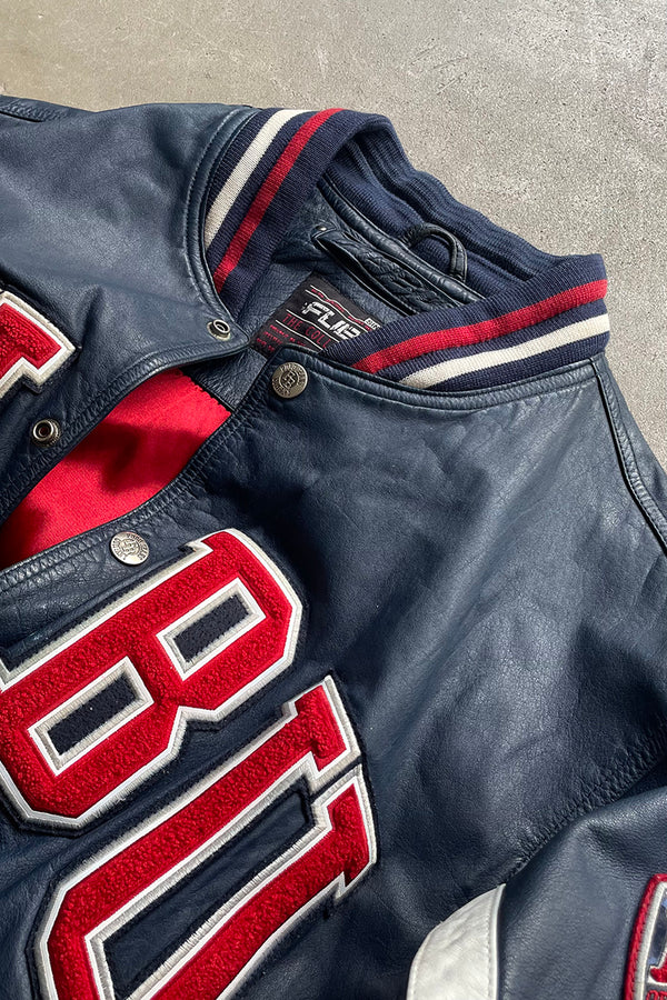 Y2K EARLY 00'S LEATHER VARSITY JACKET / NAVY [SIZE: L USED]
