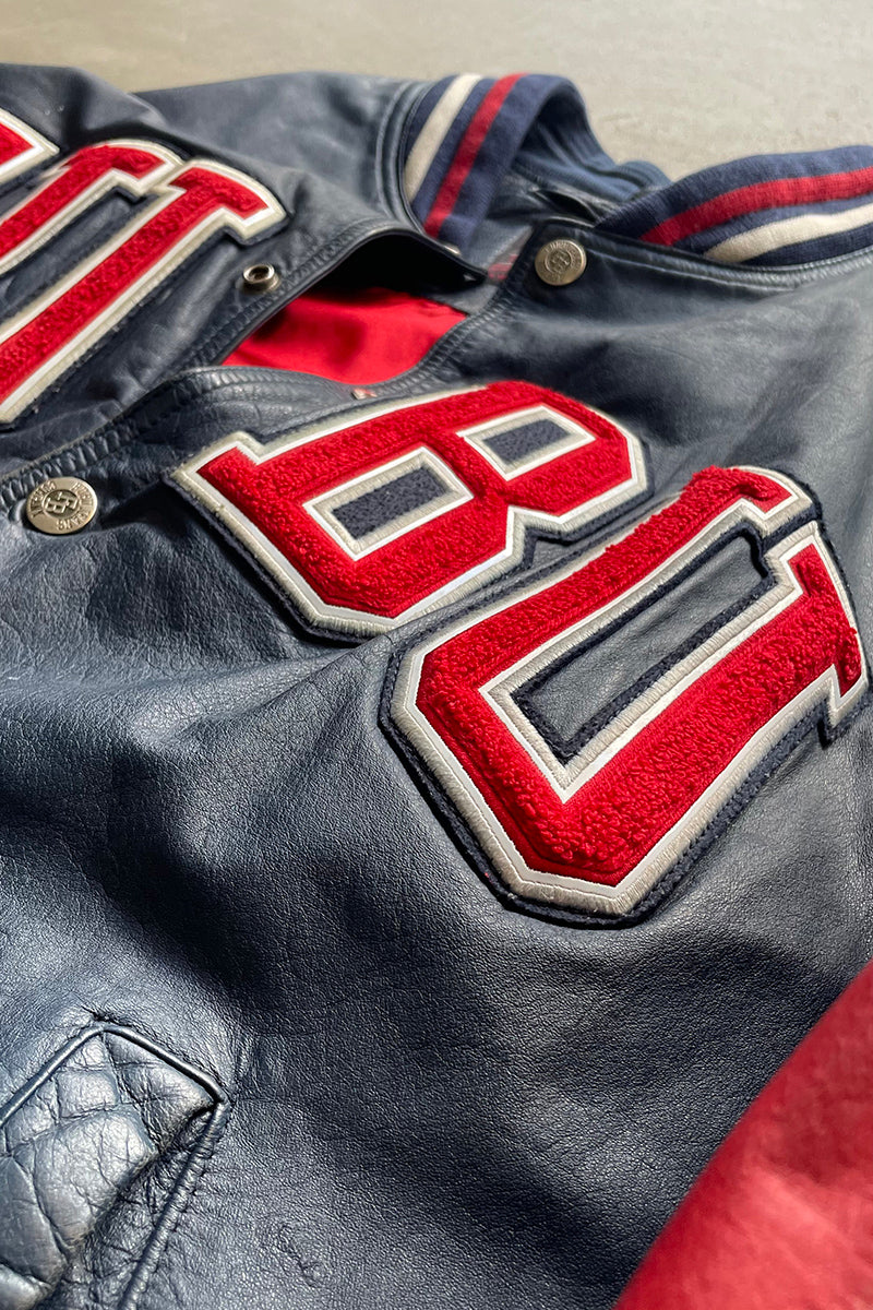 Y2K EARLY 00'S LEATHER VARSITY JACKET / NAVY [SIZE: L USED]