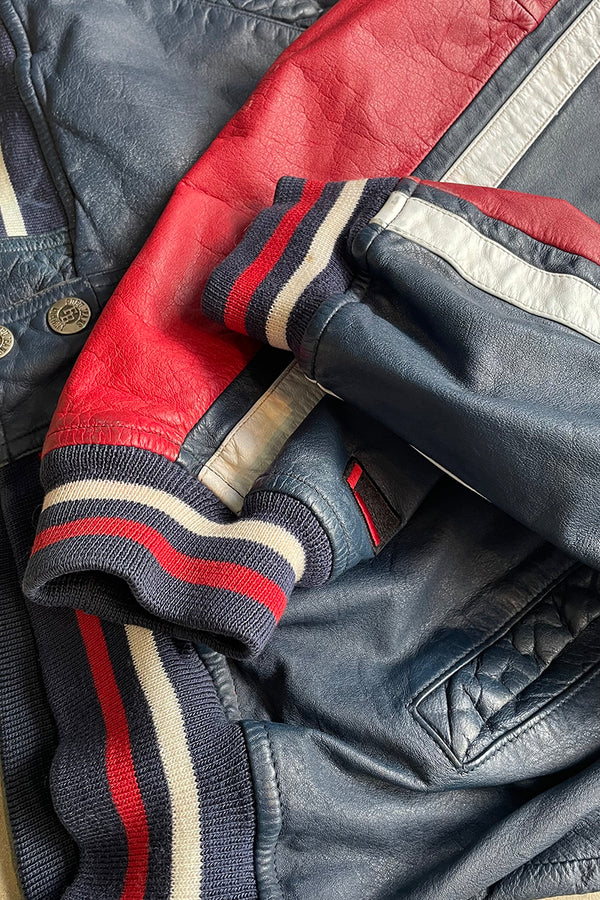 Y2K EARLY 00'S LEATHER VARSITY JACKET / NAVY [SIZE: L USED]