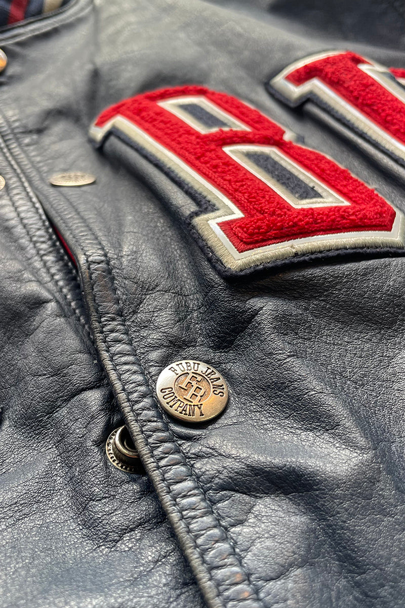 Y2K EARLY 00'S LEATHER VARSITY JACKET / NAVY [SIZE: L USED]