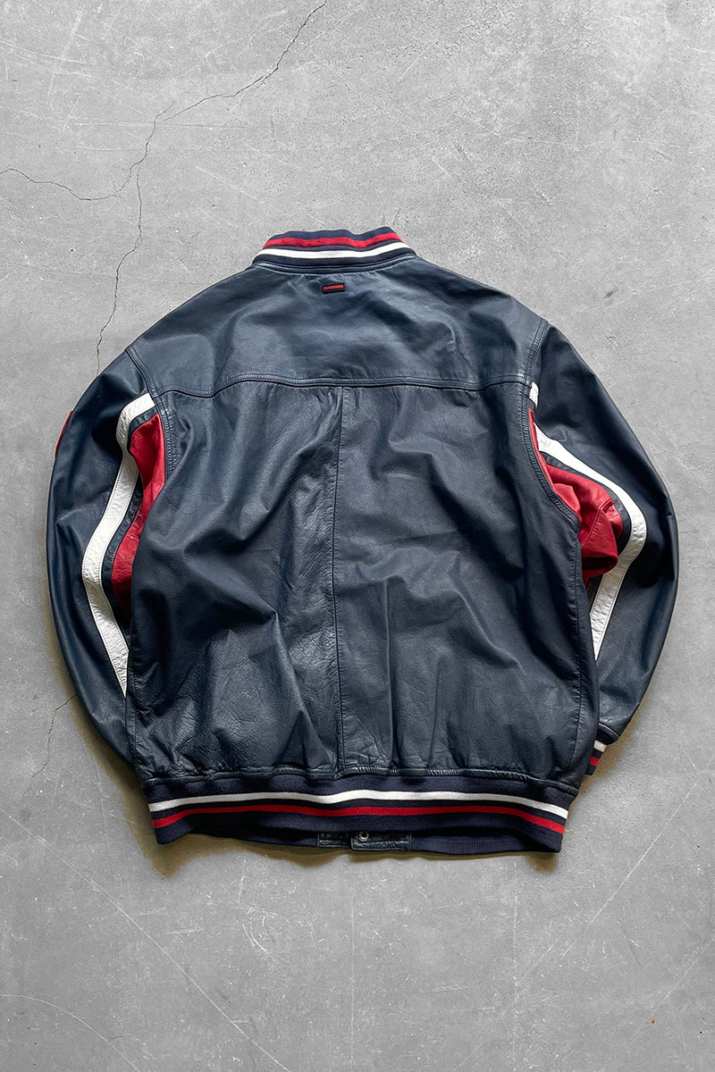 Y2K EARLY 00'S LEATHER VARSITY JACKET / NAVY [SIZE: L USED]