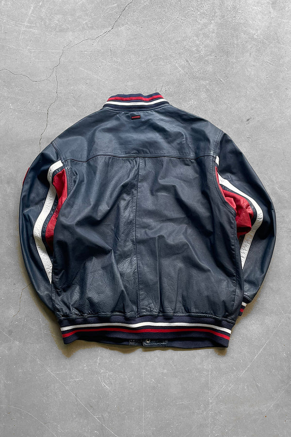 Y2K EARLY 00'S LEATHER VARSITY JACKET / NAVY [SIZE: L USED]