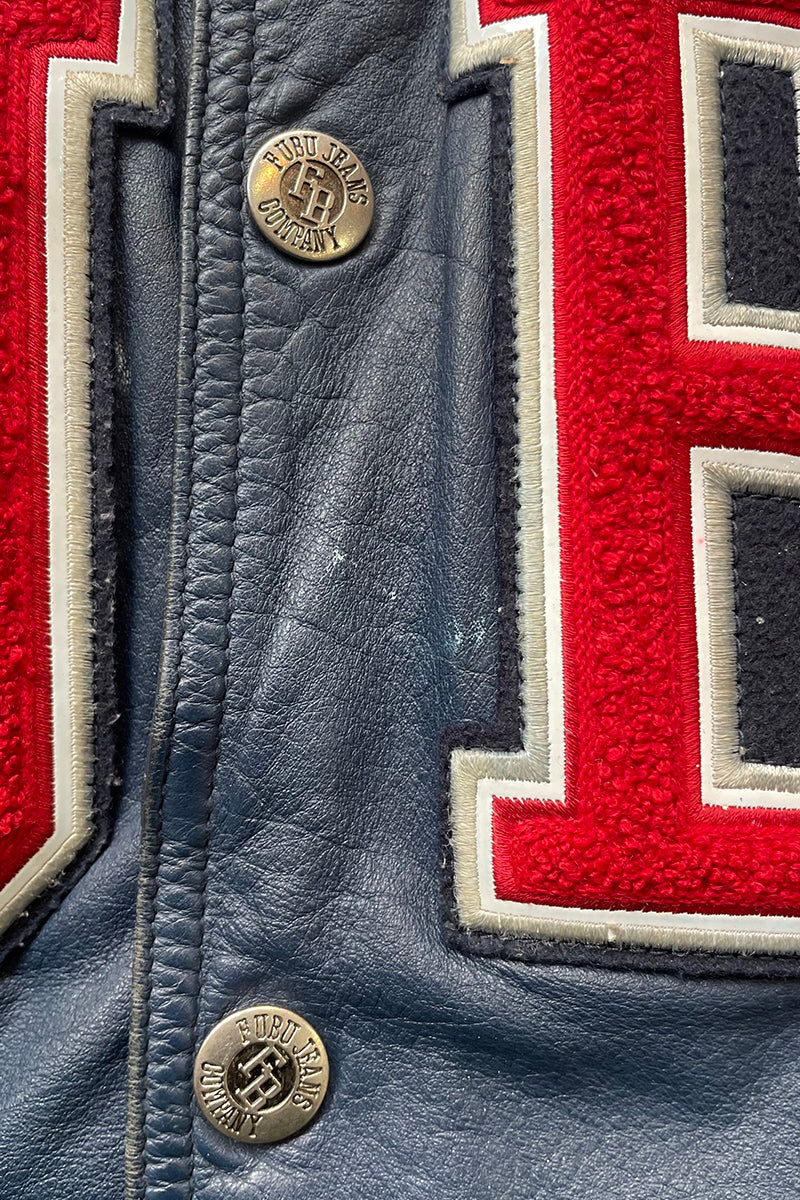 Y2K EARLY 00'S LEATHER VARSITY JACKET / NAVY [SIZE: L USED]