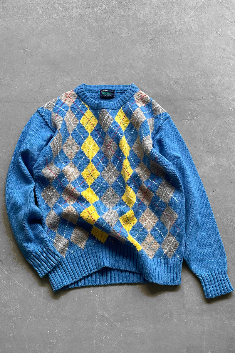 80'S ARGYLE KNIT SWEATER / BLUE [SIZE: M USED]