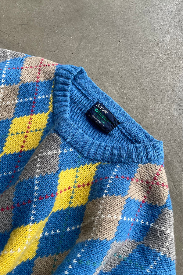 80'S ARGYLE KNIT SWEATER / BLUE [SIZE: M USED]