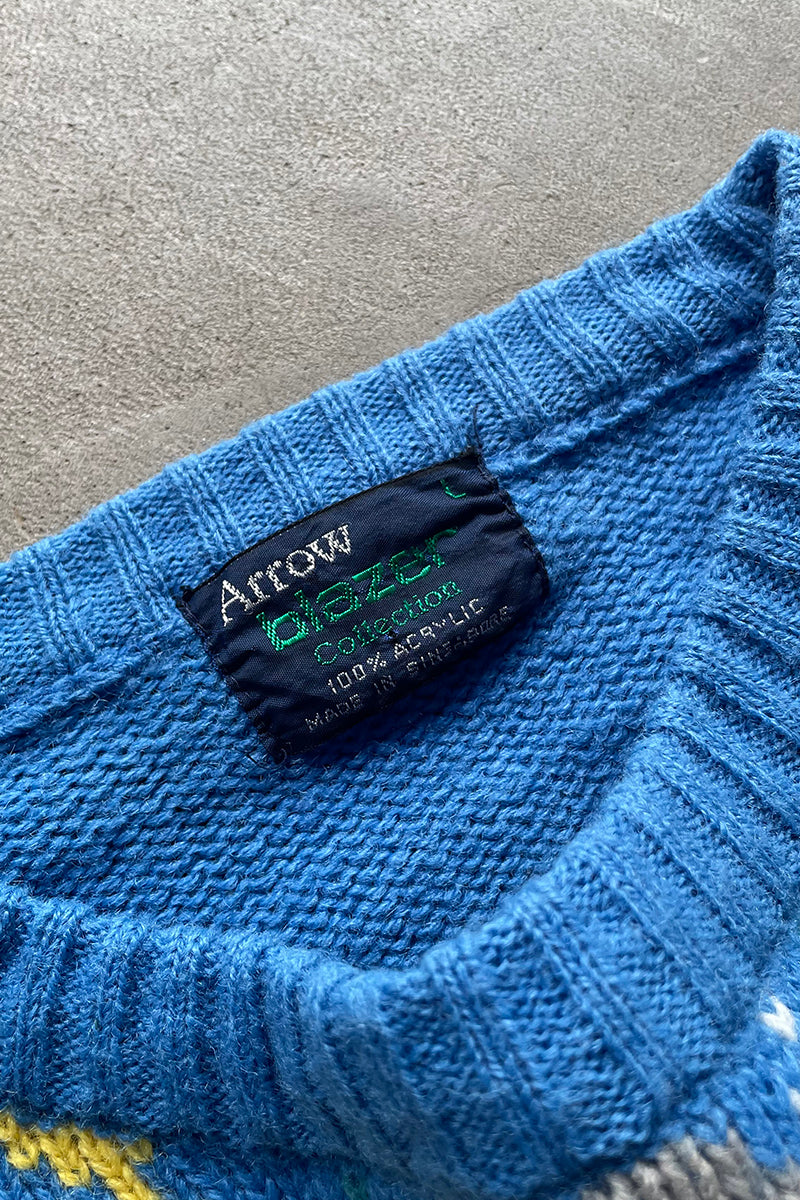 80'S ARGYLE KNIT SWEATER / BLUE [SIZE: M USED]