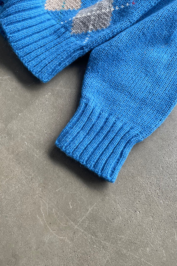 80'S ARGYLE KNIT SWEATER / BLUE [SIZE: M USED]