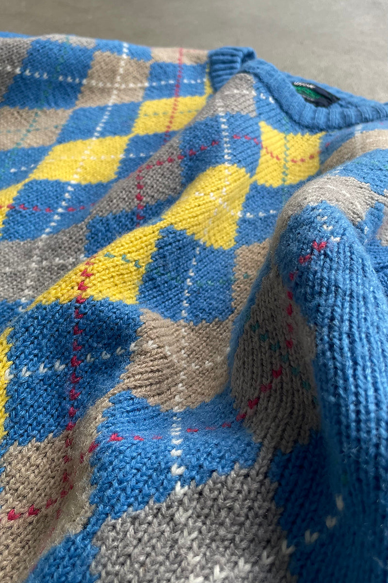 80'S ARGYLE KNIT SWEATER / BLUE [SIZE: M USED]