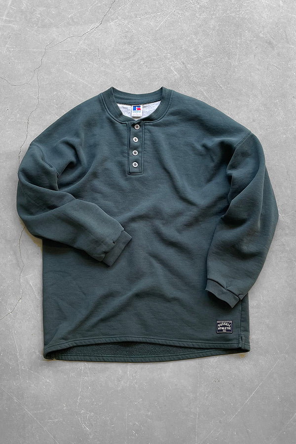 MADE IN USA 90'S HENLEY NECK SWEATSHIRT / GREEN [SIZE: L USED]