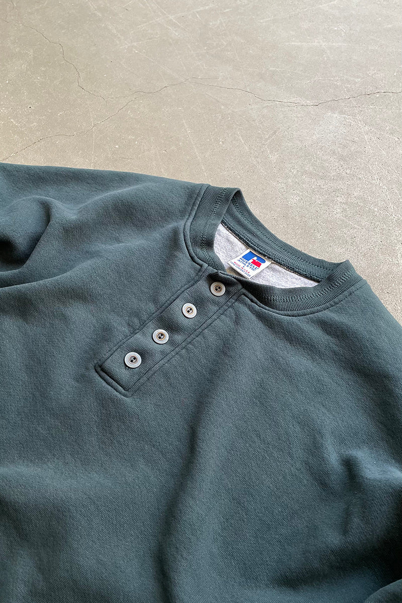 MADE IN USA 90'S HENLEY NECK SWEATSHIRT / GREEN [SIZE: L USED]