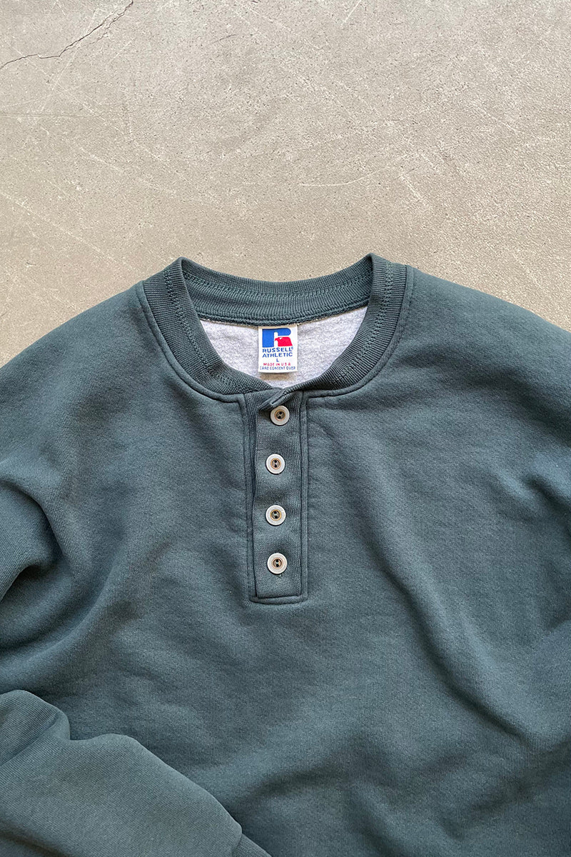 MADE IN USA 90'S HENLEY NECK SWEATSHIRT / GREEN [SIZE: L USED]
